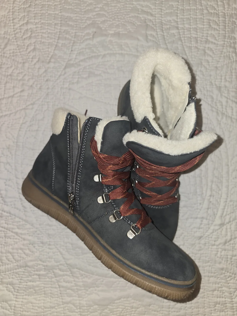 Bjorndahl Blue/Gray Winter Boots With Rust Colored Lace-ups And Cream Sherpa